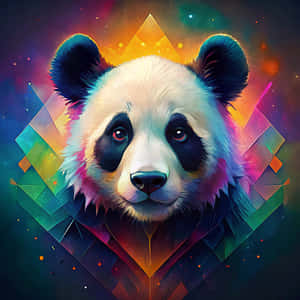 一隻風格化的熊貓，發光眼睛，被色彩繽紛的幾何形狀和宇宙背景包圍。 — 樹 壁紙