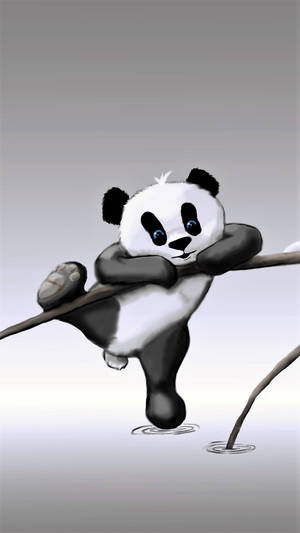 卡通熊貓掛在水面上方的樹枝上，有漣漪。