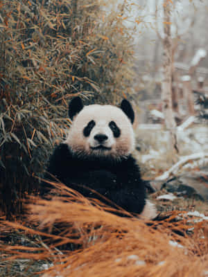 冬天在雪覆蓋的竹林裡休息的大熊貓。 — 熊貓 壁紙