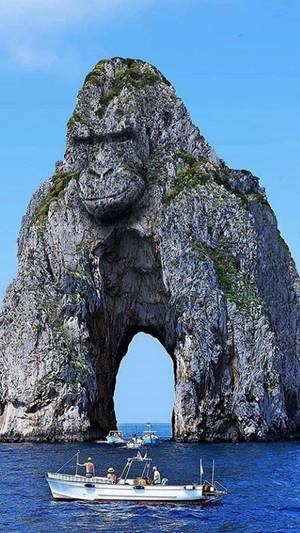 船在意大利卡普里島一個形狀像大猩猩頭的巨型岩石拱門下航行。