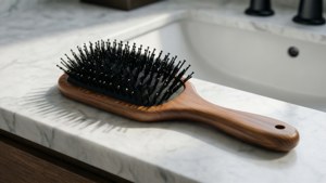 大理石浴室枱面上的一把黑色刷毛木製髮刷。