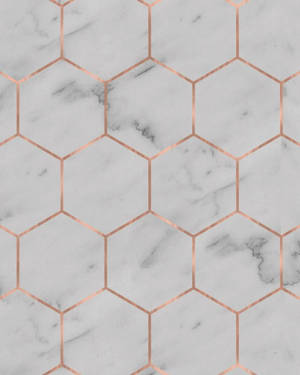 白色大理石表面，玫瑰金六邊形輪廓形成重複圖案。