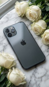 黑色iPhone被白玫瑰環繞，置於大理石上