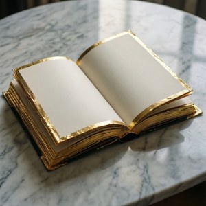 打開的裝飾書，金色邊緣，大理石桌