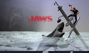 破船上的男人躲避鯊魚，背景有JAWS標誌