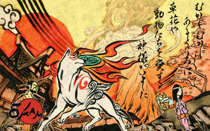 一隻帶有紅色標記的神話白狼在神社附近躍起，一名女子虔誠跪拜。 — 日本龍動畫 壁紙