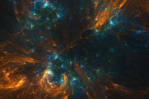 充滿活力的宇宙星雲，帶有旋轉的橙色和藍綠色氣體，背景是黑暗虛空。 — MacBook Air M4 壁紙