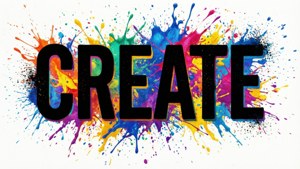 白色背景上被彩色油漆飛濺包圍的粗體黑色字母 CREATE