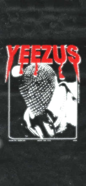 黑色T恤，帶有紅色滴落的「YEEZUS」文字和戴著網狀面具的扭曲面孔圖案。