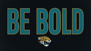 藍綠色和金色「Be Bold」標語，帶有美洲豹頭標誌，背景為黑色