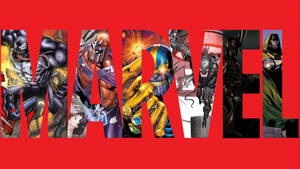 Marvel標誌，每個字母內有Venom和Thanos等角色。 — 漫威超級英雄 壁紙
