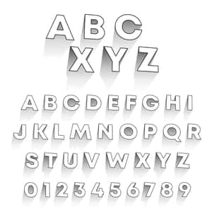 在白色背景上投下長長陰影的大膽3D字母和數字。 — 黑白藝術 壁紙