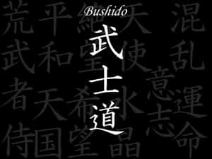 黑色背景，帶有白色武士道漢字和褪色灰色日文字元。 — 武士 壁紙