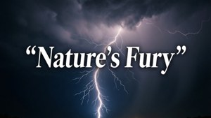 一道強勁的閃電照亮了黑暗的暴風雨天空，並帶有「Nature's Fury」字樣。 — 閃電 GIF 壁紙