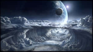 雲層在行星和月球下方旋轉，構成星光燦爛的宇宙場景。 — 寬螢幕 壁紙