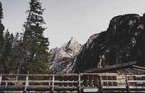 質樸的木橋通向被常青樹和岩石山峰環繞的山間小屋。