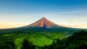 日出時分，火山與綠色稻田。