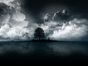 兩個人在暴風雲下坐在浮島上的樹下，倒映在水中。 — 最佳 壁紙