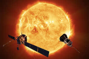 兩顆衛星環繞太陽運行，伴有太陽耀斑。