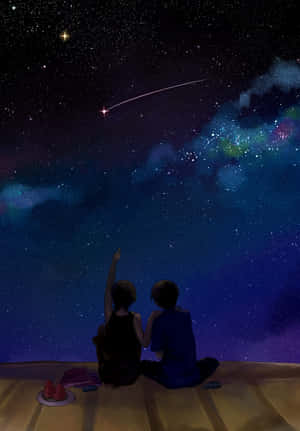 兩個人坐在地板上觀看色彩繽紛的夜空中的流星，附近有西瓜。 — 星星 壁紙