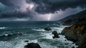 暴風雨中的海洋，閃電擊中岩石懸崖。 — macOS Big Sur 壁紙