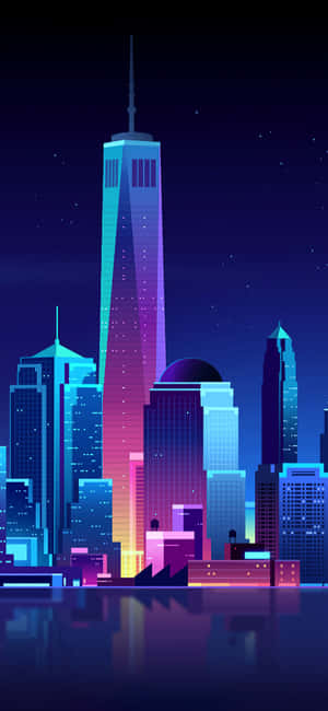 夜晚霓虹城市天際線，摩天大樓在星空下倒映在水中。 — iPhone 13 Mini 壁紙