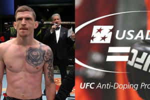 UFC拳手有紋身在八角籠內過磅，旁邊有主持人和USADA標誌。 — 運動 壁紙