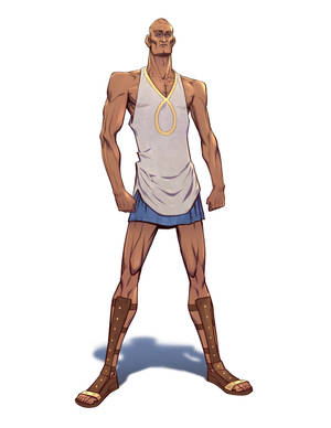 一個肌肉發達的光頭男子穿著古希臘服裝，表情嚴肅。