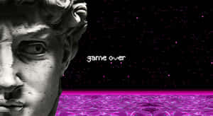 大理石雕像頭部在發光的粉紅色水面上，帶有 game over 文字和星星