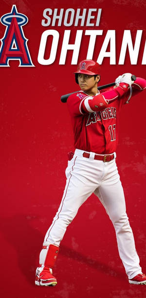 大谷翔平身穿紅色天使隊球衣，手持球棒準備揮擊。 — 紅色 壁紙