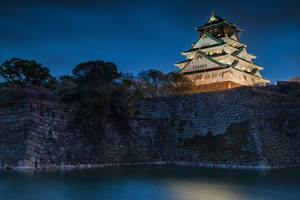 夜晚燈光璀璨的日本城堡倒映在平靜的護城河水中。 — 夜晚 GIF 壁紙