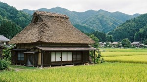 傳統茅草屋頂日本農舍，旁邊有稻田和山脈
