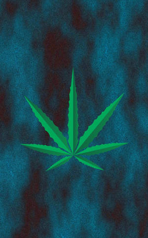 一片風格化的綠色大麻葉，置於斑駁的青綠色和深紅色背景上。