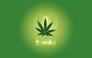 發光的大麻葉，帶有煙霧和霓虹綠色文字「smoke」，背景為綠色漸變。