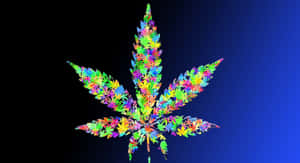 一個發光的多色大麻葉，由小葉片組成，背景為深藍色漸變。