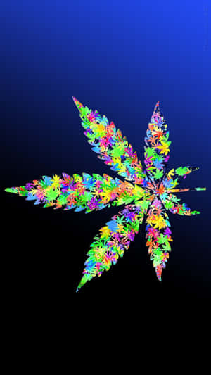 一個色彩繽紛的抽象大麻葉，由小葉組成，背景為深藍色漸變。