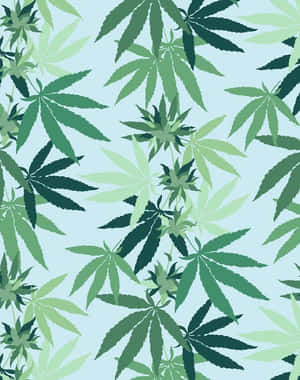 藍色背景上重複的綠色大麻葉圖案