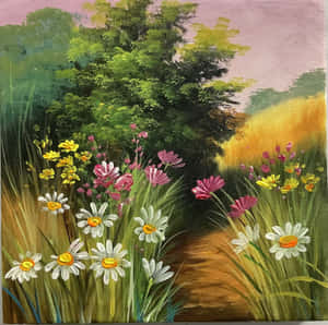 一條蜿蜒的小徑穿過雛菊和野花田，上方是粉紅色的天空。 — 天堂 壁紙