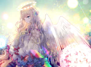 動漫天使，有翅膀和花裙，在發光的夢幻田野中 — 可愛動漫女仔 壁紙