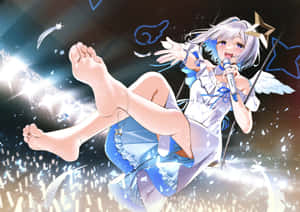 動漫女孩長著天使翅膀，在閃爍的星星和五彩紙屑中在鞦韆上唱歌。