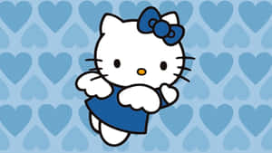 Hello Kitty 身穿藍色連衣裙和蝴蝶結，背景為藍色心形