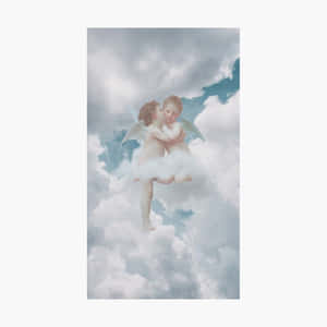 兩個小天使在陰天天空下的雲朵上漂浮親吻。