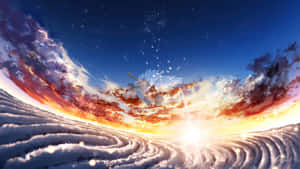 一個有翼的天使形象在星空的暮色天空下滑翔於旋轉的雲海之上。