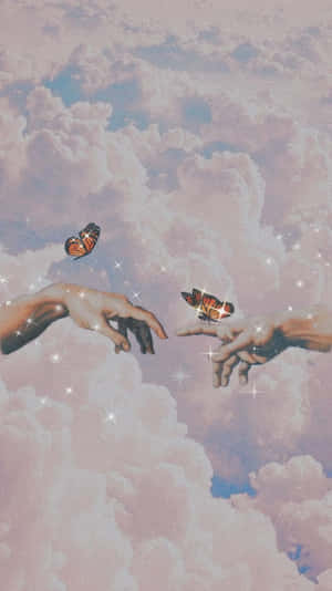 兩隻手在粉紅色的天空中互相伸向對方，伴隨著蝴蝶和閃光。