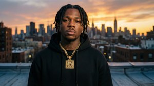 穿黑色連帽衫、戴金鏈的男子在屋頂上欣賞日落城市景觀 — Polo g GIF 壁紙