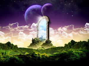 石拱門在紫色天空下，有兩個月亮和星星，揭示出山區領域。 — 天堂 壁紙