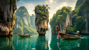 兩艘木船漂浮在平靜的碧綠色水面上，周圍是高聳的綠色石灰岩懸崖。 — 夏天 壁紙