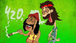 兩個卡通角色一邊吸食大麻，一邊大笑，伴有「420」煙霧。