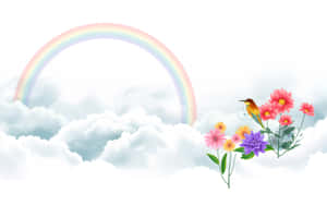 一隻鳥兒棲息在彩虹下的彩色花朵上，天空多雲。 — 天堂 壁紙