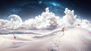 一個人拿著粉紅色雨傘，在星空下（有月亮和雲）走過雪沙漠。